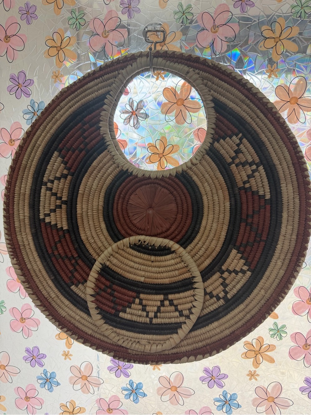 Handwoven Round Straw Tote Bag in Brown and Black